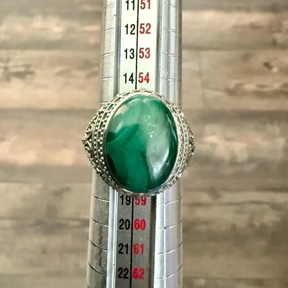 Natural Malachite Bali Style Ring 925 Sterling Silver Oval Cabochon Size 8 New